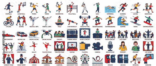 A collection of various sports icons and symbols.