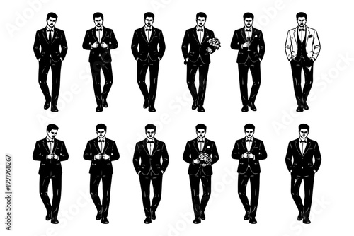 Twelve caucasian male figures in formal suits with various poses and expressions.