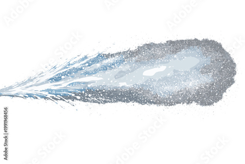 Water Spray Splatter with Liquid Droplets, Particles, Stream, Mist, and Abstract Texture. Vector Illustration of a Powerful Water Jet Splashing with Fine Fog, Bubbles, and Realistic Splash Effect.