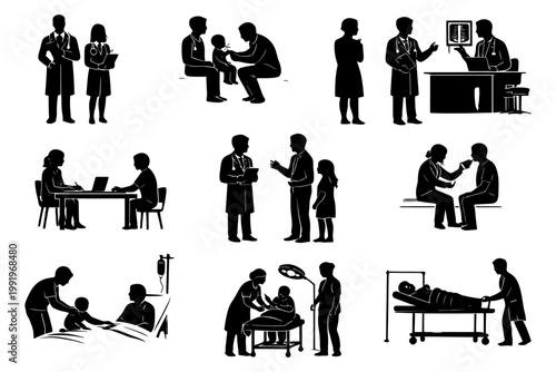 Silhouette medical scenes with doctors and patients of various ages in different settings.
