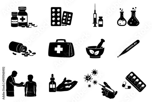Medical icons: medicine bottle, syringe, pills, thermometer, doctor examining patient.