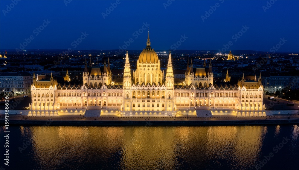 Fototapeta premium The Hungarian Parliament Building illuminated at night reflects on the Danube River water