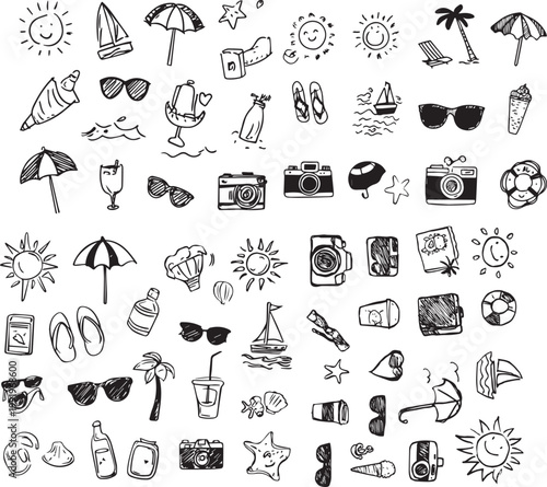 Hand drawn summer beach icons collection featuring vacation elements graphic vector