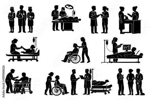 Silhouettes of medical professionals in various healthcare scenarios.