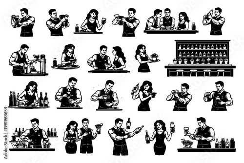 Bartenders mixing drinks: male and female professionals in various bar scenarios.