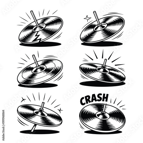 Cymbal crash vector illustration set with various dynamic movements and effects