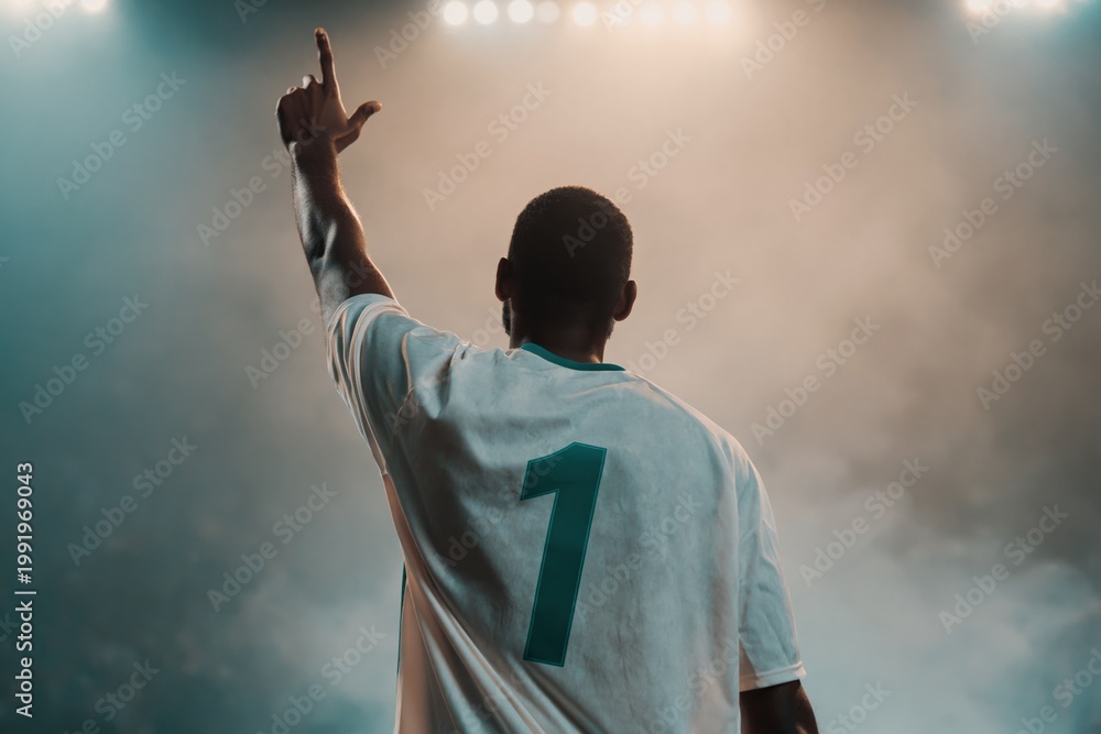 Fototapeta premium Athlete raising hand in foggy stadium with spotlights