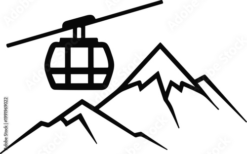 Black and white cable car gondola silhouette over jagged mountain peaks, alpine ski lift outdoor recreation transport design