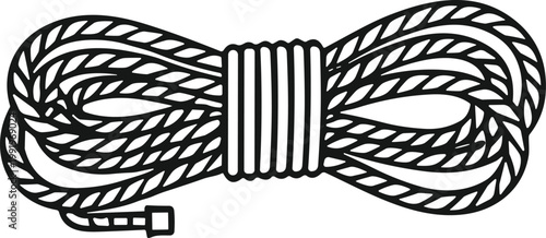 Black and white coiled rope illustration with twisted pattern, compact loops, secured center wraps, minimalist outdoor climbing camping utility design