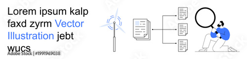 Data analysis, renewable energy, information storage, file sharing, research, technology. Icons of wind turbine, documents and person with magnifier. Data analysis and renewable energy concepts