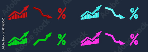 Inflation 3D isometric financial infographic. Growth decline charts, trading arrows, percent icons. Dark mode neon crypto exchange UI, stock market analysis, banking app, fintech data visualization.
