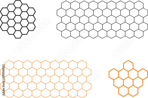 Honeycomb hexagon pattern collection in geometric grid layouts with black and orange styles