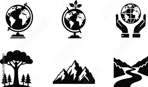 Black and white environmental icons set, globe, sustainability, hands holding Earth, tree, mountain range, and winding river illustration