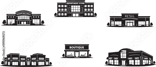 Quadro su tela Shopping Buildings Silhouette Set, Mall, Department Store, Retail Plaza, Commerc