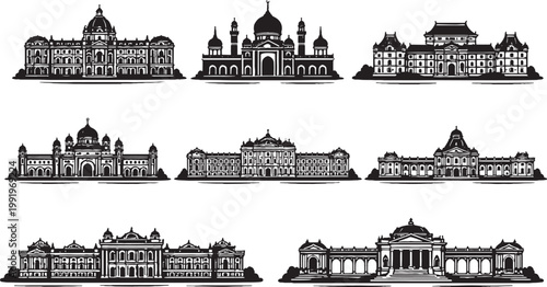Obraz na płótnie Palace Buildings Silhouette Set Royal Imperial Classical Architecture Vector Col