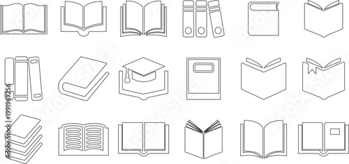 Books icons set collection group library literature education reading textbook notebook manual guide publication archive knowledge study learning open closed book flat line vector