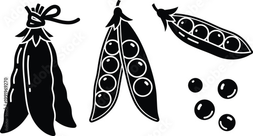 Black and white pea pod illustration with closed pod, open pods showing peas, scattered individual peas graphic design