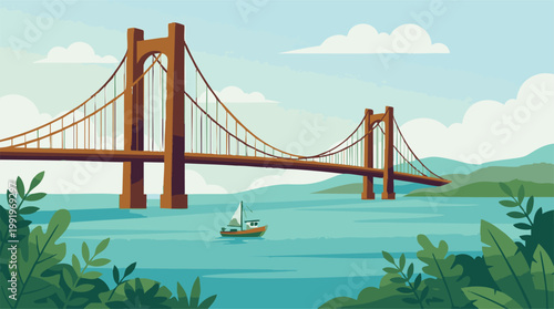 Scenic flat design illustration of a golden suspension bridge with a boat