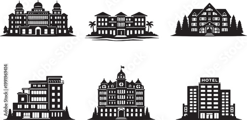 Hotels and Resort Buildings Silhouette Set Luxury Beach Mountain Boutique Urban Hotel Architecture Vector