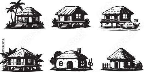 Huts and Small Shelters Silhouette Set Tropical Bamboo Desert Jungle Rustic Hut Houses Vector