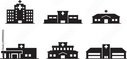 Hospital building silhouettes bundle, medical architecture icons set, clinic, healthcare facility, emergency center buildings black silhouette collection