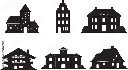 Historic European Houses Silhouette Set, Medieval Dutch French Bavarian Italian Village Architecture Icons