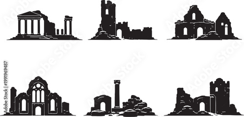 Historic Ruins Silhouette Set Ancient Temple Castle Ruin Archaeological Structures Black Silhouette Collection