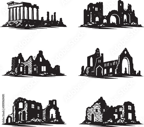 Historic Ruins Buildings Silhouette Set Ancient Temple Castle Monastery Ruin Vector Illustration