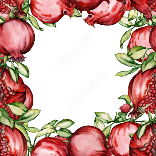 Schilderij op canvas Bright red pomegranate watercolor frame