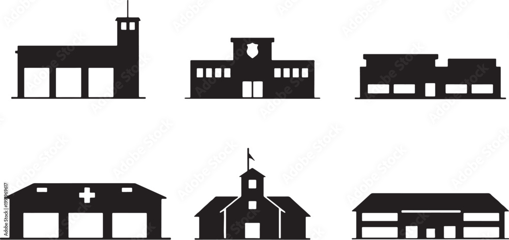 Εκτύπωση καμβά Emergency service building silhouettes bundle, fire station police station rescu
