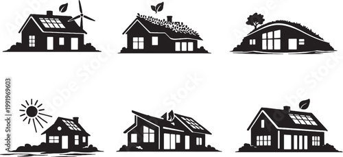 Eco Friendly Houses Silhouette Set, Sustainable Green Roof Solar Passive Architecture Icons