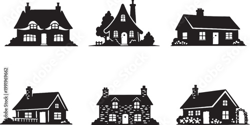 Cottage Houses Silhouette Bundle Rustic Countryside Cottage Home Set Fairy Tale Garden Cottage Icons Black Isolated Vector