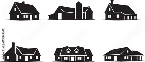 Country Farm Houses Silhouette Bundle Rural Farmhouse Buildings Set Traditional Countryside Home Icons Black Isolated Vector