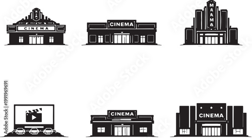 Cinema Buildings Silhouette Set Movie Theater Multiplex Drive In Cinema Architecture Black Silhouette Collection