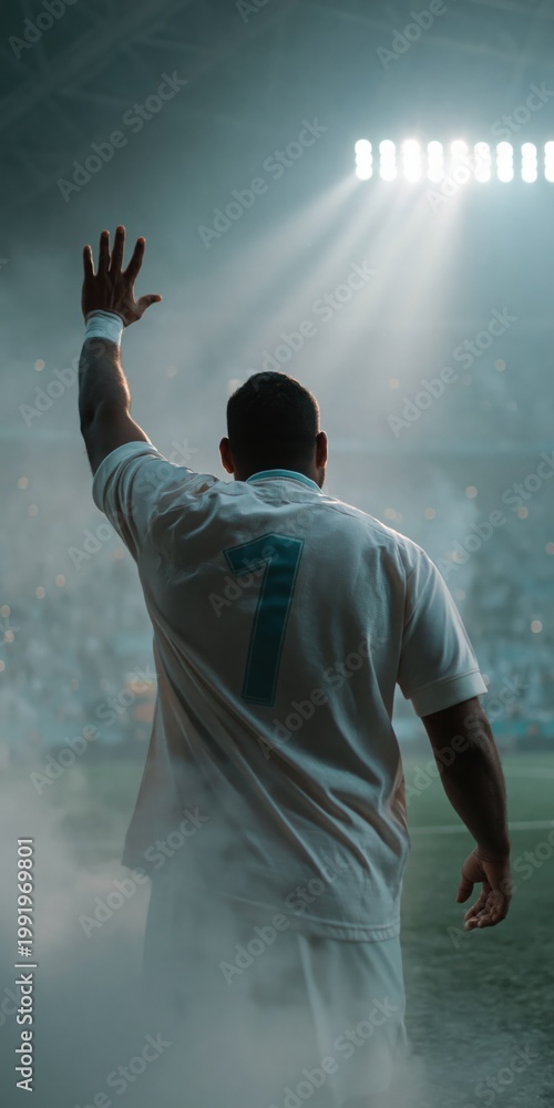 Obraz premium Soccer player raising hand entering stadium tunnel under floodlights