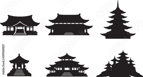 Asian temple shrine silhouette set pagoda monastery sacred architecture black silhouette bundle isolated on white