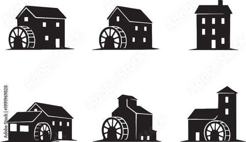 Agricultural Mill Buildings Silhouette Set Traditional Water Mill Farm Mill House Rural Industry Black Silhouette Collection