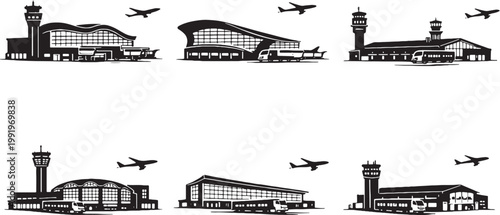 Airport Buildings Silhouette Set, Terminal, Control Tower, Departure Hall, Aviation Architecture Vector Collection