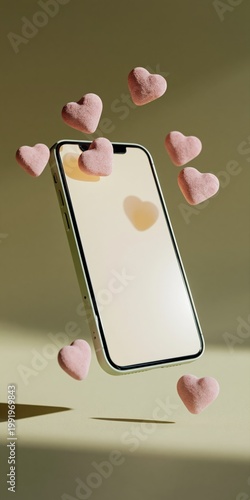 Smartphone tilted with floating heart shapes on green backdrop