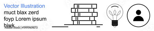 Education, creativity, personal growth, knowledge sharing, innovative ideas, user interaction. Stack of books, a light bulb and a user profile icon. Education and creativity concept