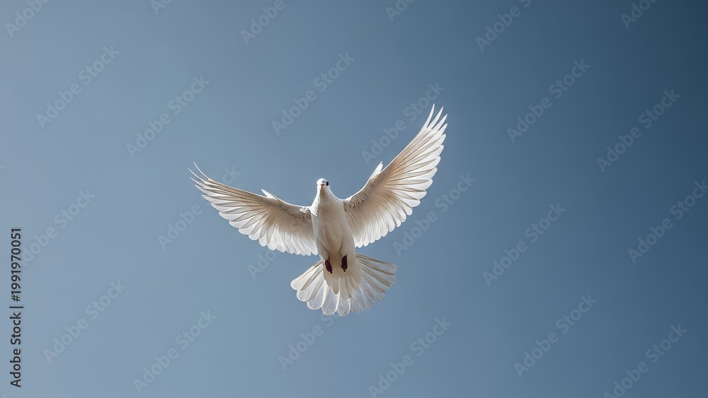 Fototapeta premium A white dove with outstretched wings in flight against a clear blue sky