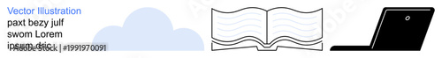 Cloud computing, digital education, online learning, data storage, technology integration, virtual resources. Icons of a cloud, an open book and a laptop. Cloud computing and digital education