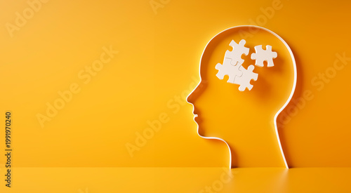 Conceptual artwork showing a 3D silhouette of a head with puzzle pieces, symbolizing mental activity, intelligence, or creativity - 3D illustration on yellow background