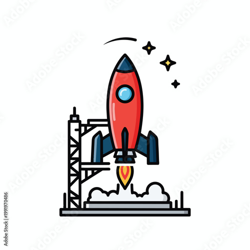 Futuristic Rocket Launch Scene with Spacecraft and Rocket Tower