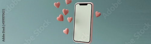 Smartphone emitting floating hearts against teal background