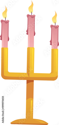 Vintage candles holder and golden candelabrums flat vector, church religion ceremony burning candles on a candlestick