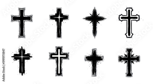 Set of grunge Christian crosses, black and white, religious symbols, design elements
