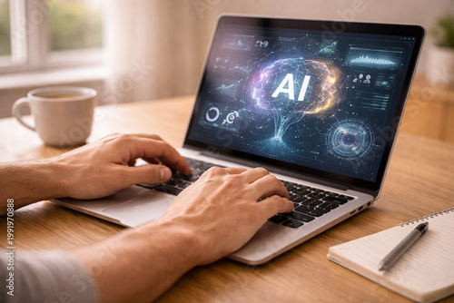Close-up of hands using laptop with AI interface on screen, artificial intelligence and technology concept, modern workspace, natural light.
