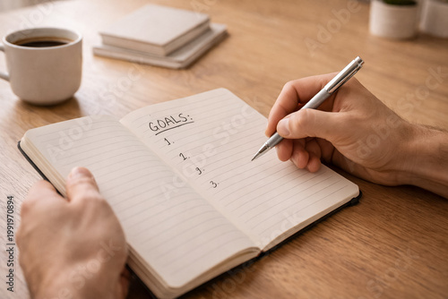 Close-up of hands writing goals in notebook on desk, productivity and planning concept, natural light, clean and minimal workspace.