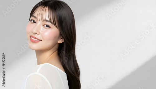 ロングヘアのモデル女性の自然光美容ポートレート